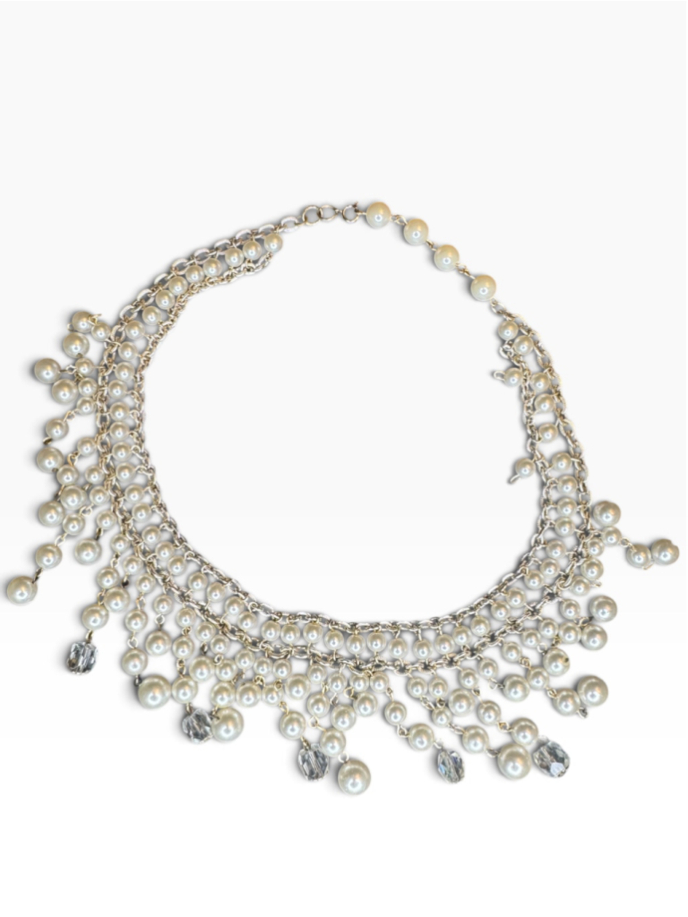 Vintage 1950s 1960s Faux Pearl Crystal Waterfall Fringe Bib Necklace Statement